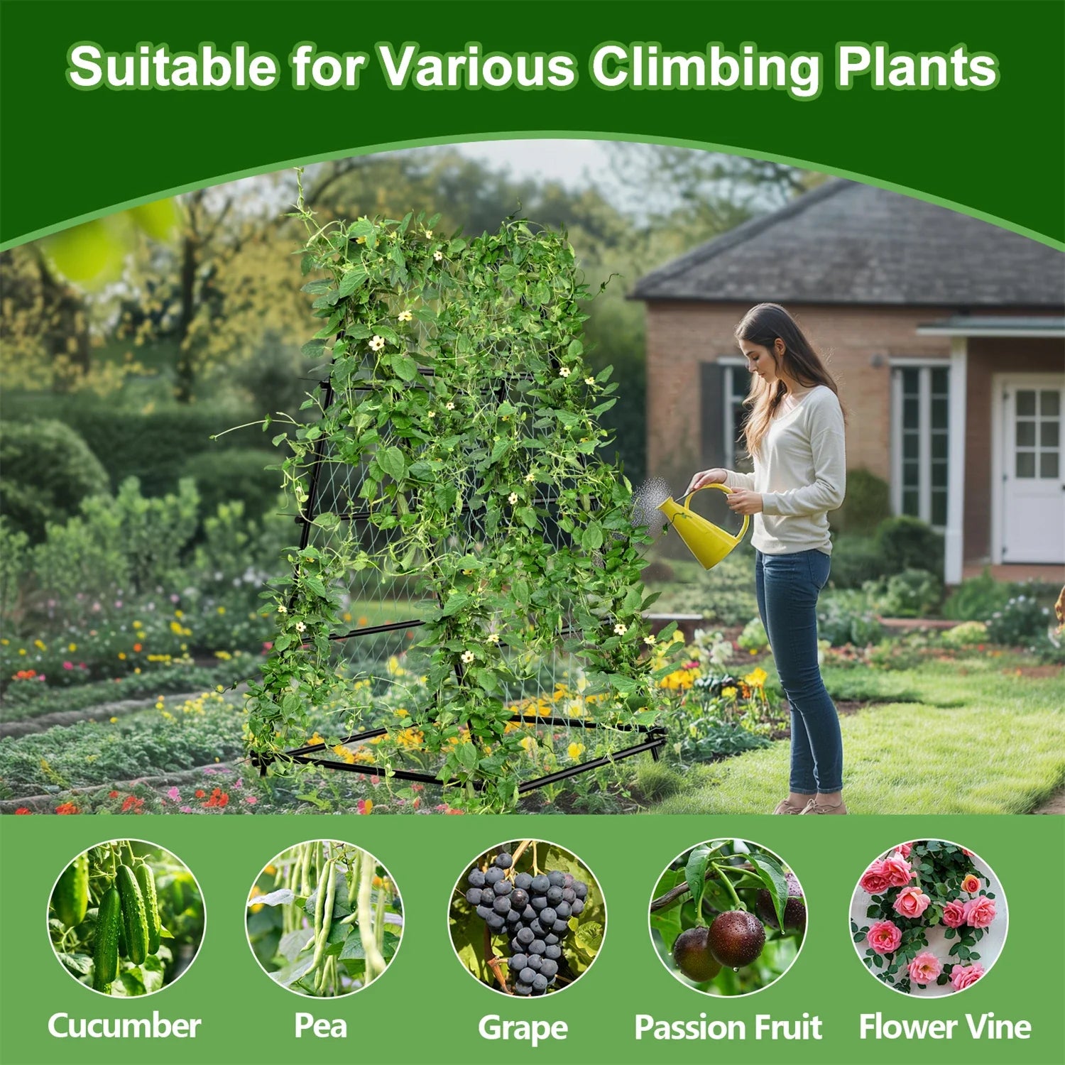 Metal A-Shaped Garden Arch Trellis for Climbing Plants Vegetable Cucumber Support Frame with Nylon Netting, Four Ground Spikes