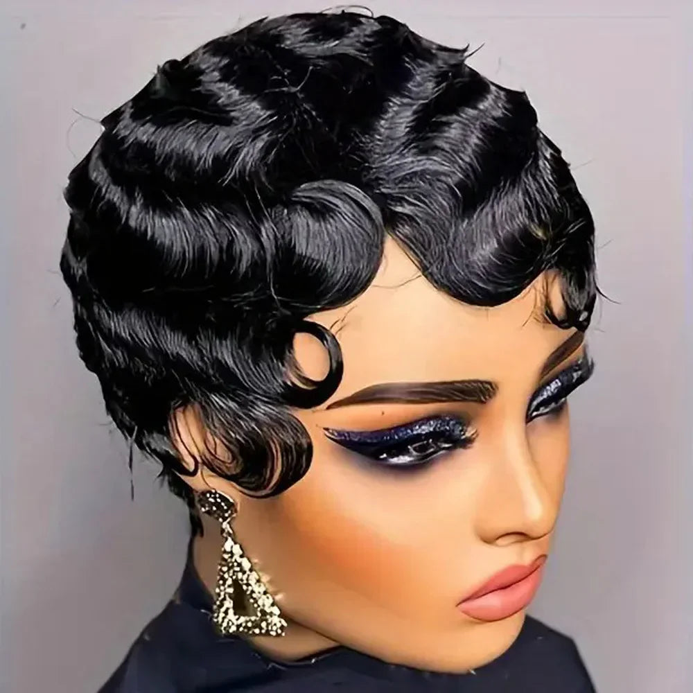 Women's Brown Short Ocean Pixie Wave 100% Human Hair Wig