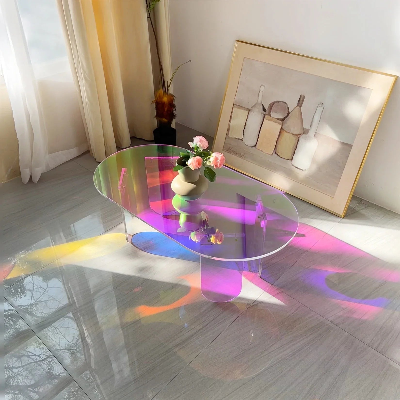 Shatterproof Acrylic Coffee Tables Clear End Table Living Room Iridescent Accent Side Table 4 Legs Home Decor