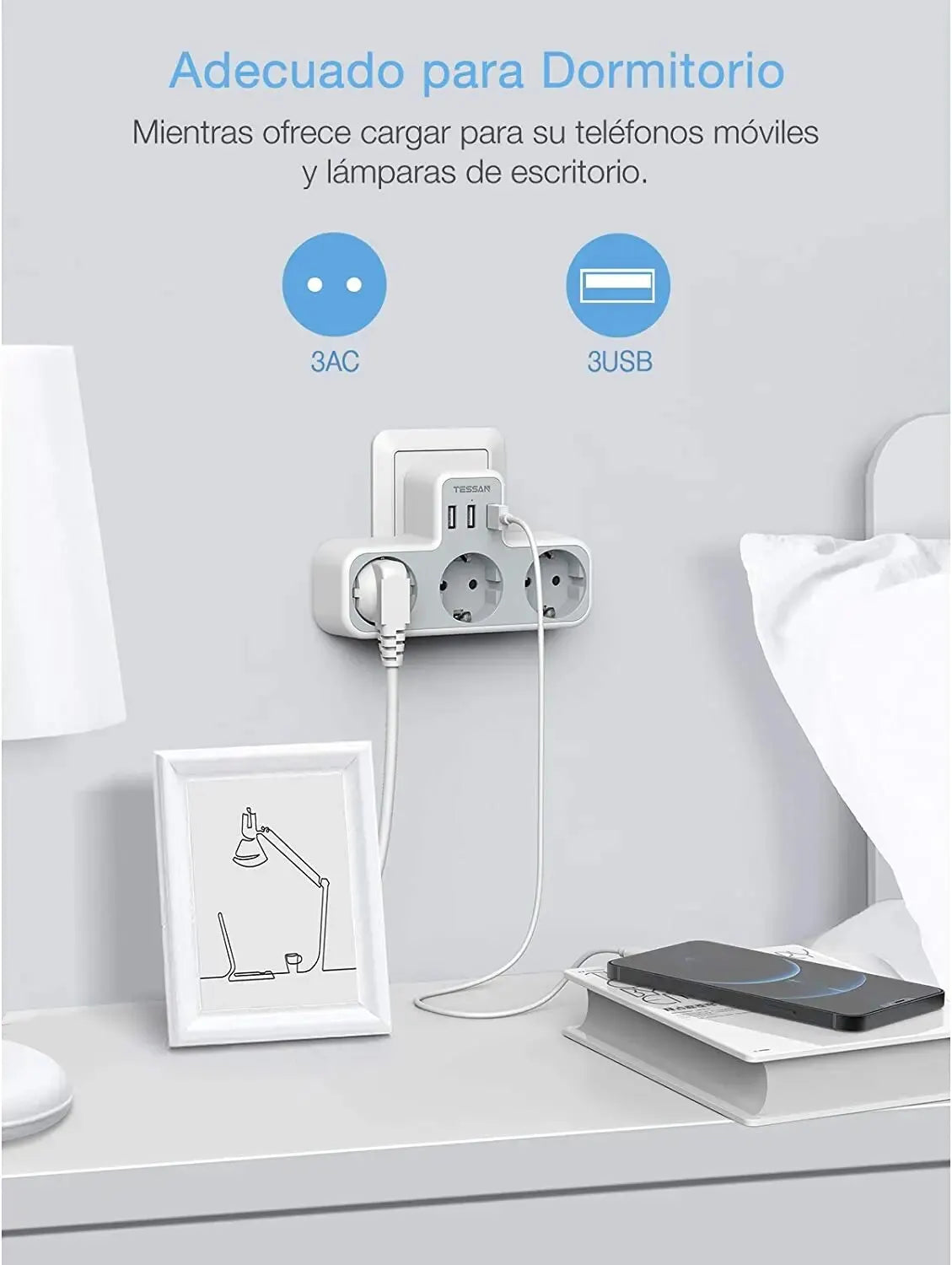 TESSAN EU Plug Power Strip with 3 AC Outlets +3 USB Ports, 6 In 1 Wall Charger Power Socket Adapter Overload Protection for Home