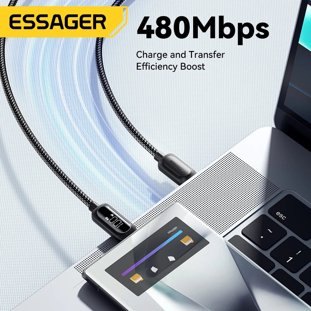 Essager 100W USB Type C Cable 5A PD Fast Charging Wire Cord For Macbook iPad iPhone 16 15Pro Samsung Xiaomi Digital Display Wire