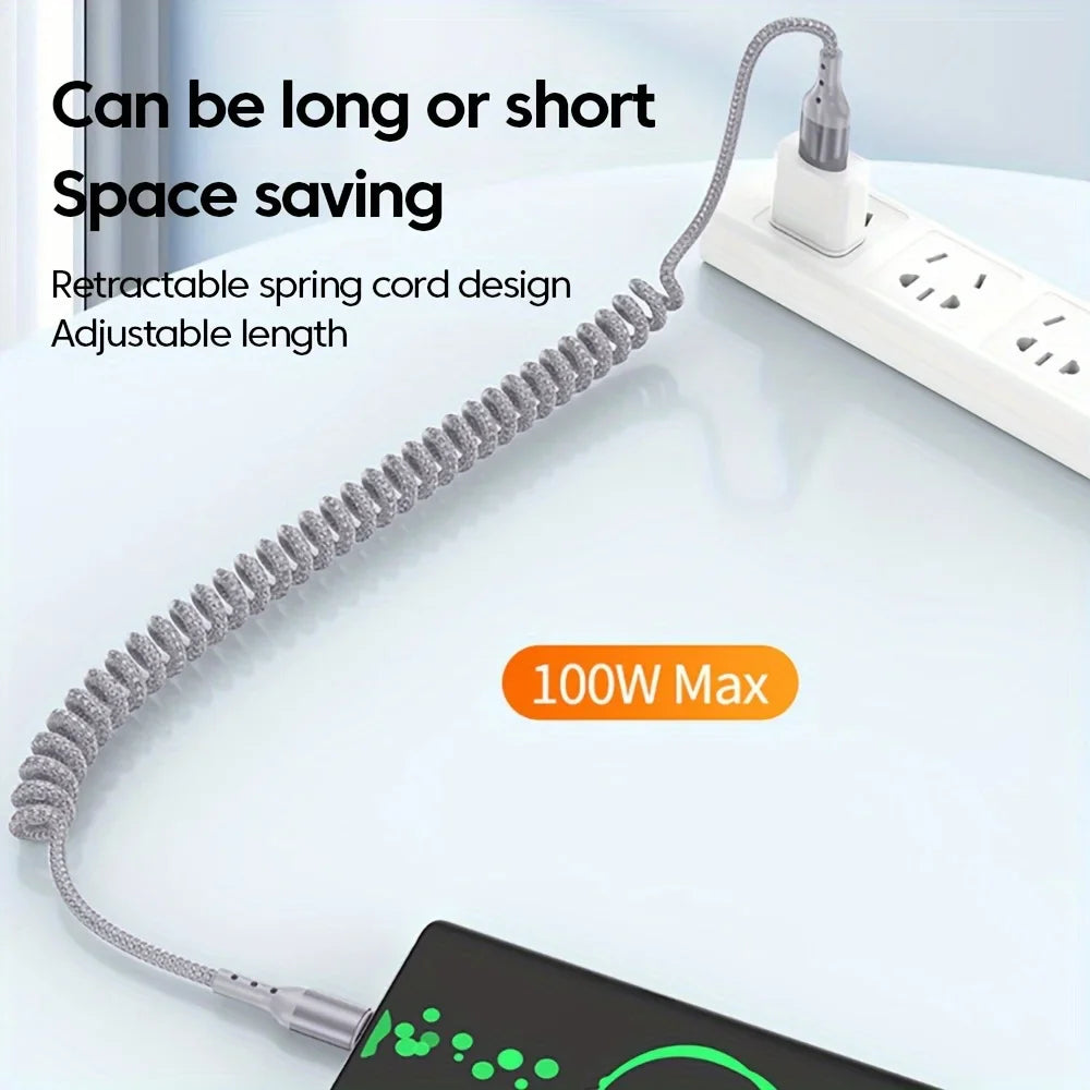 100W USB Type C Spring Car Fast Charging Cable for Samsung Xiaomi Huawei 60W USB C Data Cord for iPhone 15 Huawei USB C Wire