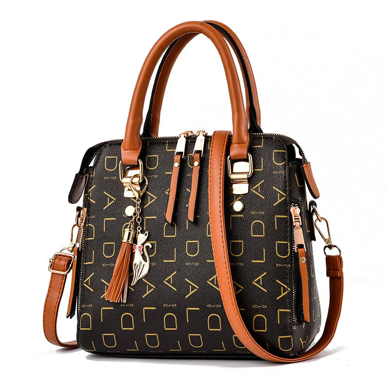 Fashion English Letter Handbag Women PU Leather Tassel Top-Handle Bag Luxury Shoulder Bag Large Capacity Lady Tote Design Purse
