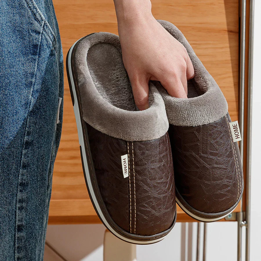 Men's Big Size Winter slippers Indoor PU Leather Home Waterproof Fluffy Casual Slides Men Bedroom Comfy Shoes Houseshoes