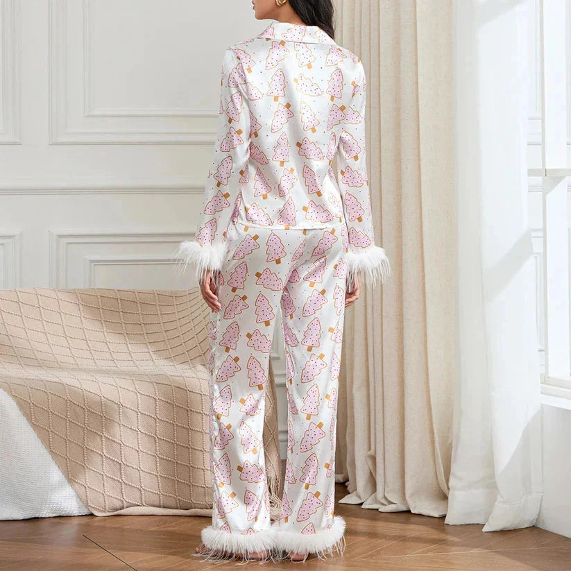 Women's Christmas Tree Plaid Satin Print Pajama Set Autumn Winter Home Sleepwear Long Sleeve Ankle-Length Pants Mid-Waist