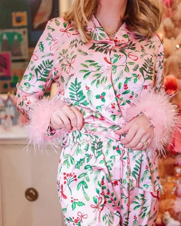 Women's Christmas Tree Plaid Satin Print Pajama Set