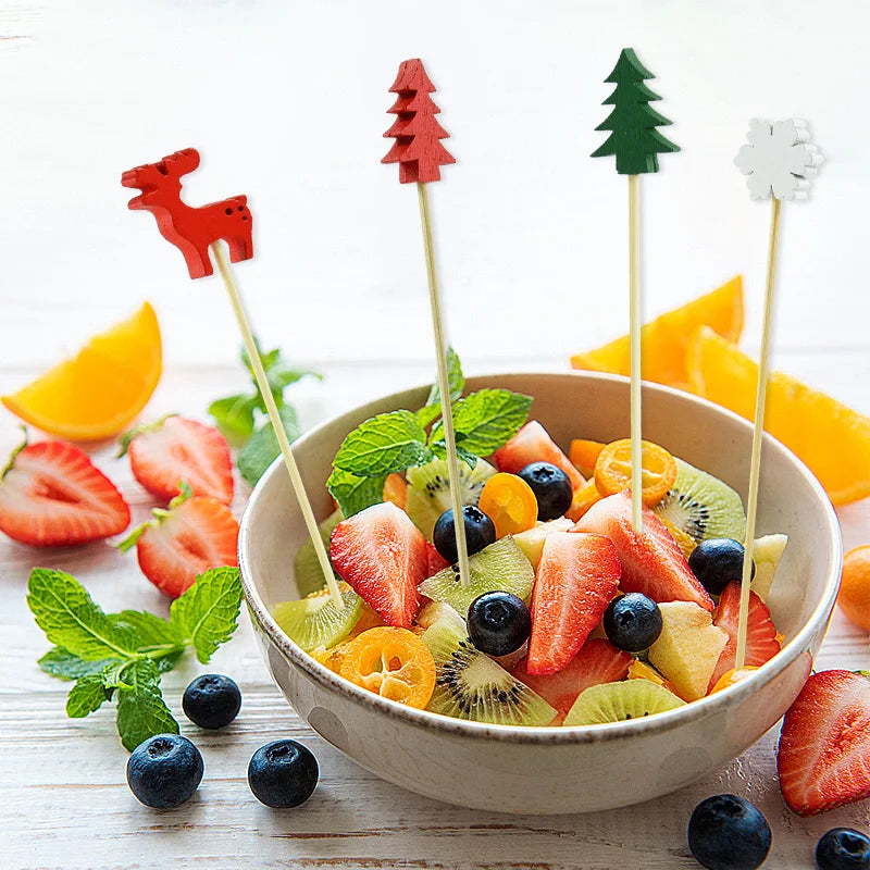 50Pcs Christmas Bamboo Food Picks Toothpicks Santa Dessert Buffet Fruit Salad Christmas Decoration New Year Xmas Party Supplies