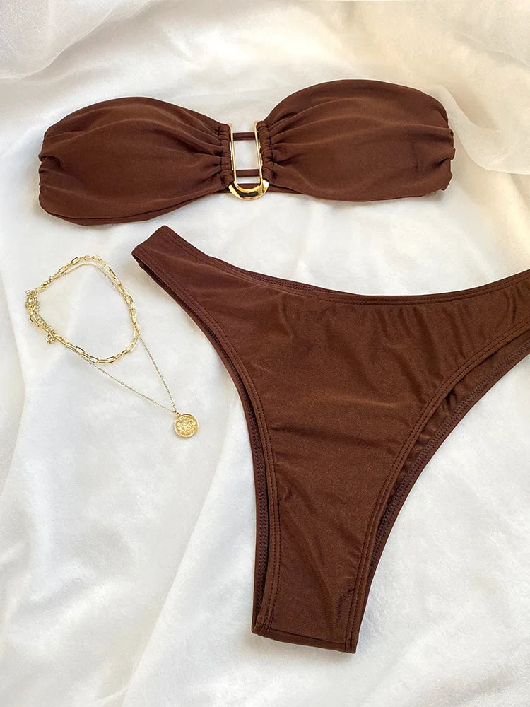 Solid Color Bikinis Push Up Swimwear Women Halter Bikini Set Shiny Swimsuit Push Up Bathing Suits Bandage Beachwear Thong