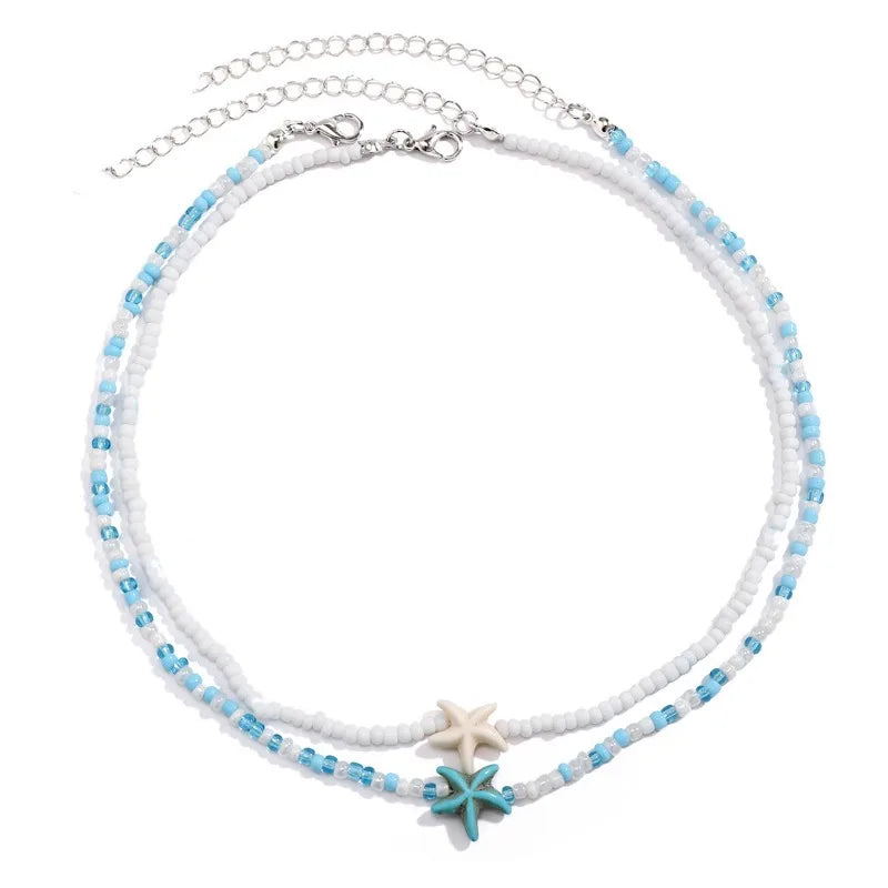 Tidepool Starfish Necklace - Surf & Beach Boho Jewelry Starfish Turtle Beaded Choker Necklaces, Adjustable Necklaces, Ocean Gift