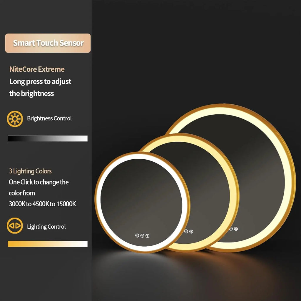 Bathroom Mirror with LED 60/80cm Round Illuminated Wall Mirror Aluminum Gold Frame Anti-fog 3 Lighting Color Memory Function