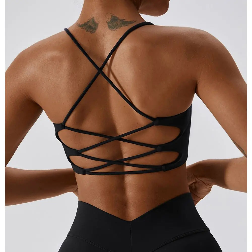 Solid Color U-Shaped Multi-Strap Cross Back Women Fitness Sports Bra Top Gym Yoga Athletic Tight Workout Jog Soft With Chest Pad