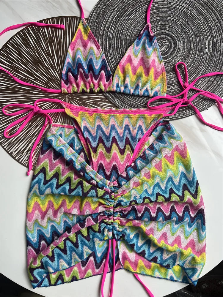 Women Swimsuit Colored Maple Leaves Knitted Bikini Skirt Three-Piece Set Split Swimsuit Bikini
