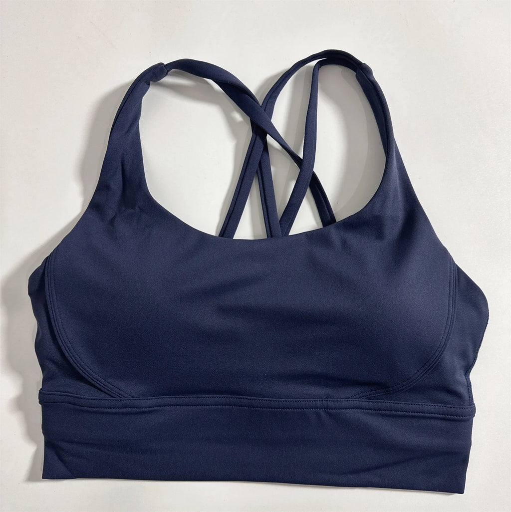 Solid Color Soft Cross Back Women Fitness Bra Tights Yoga Vest High Strength Shockproof Gym Sports Top Push Up With Chest Pad