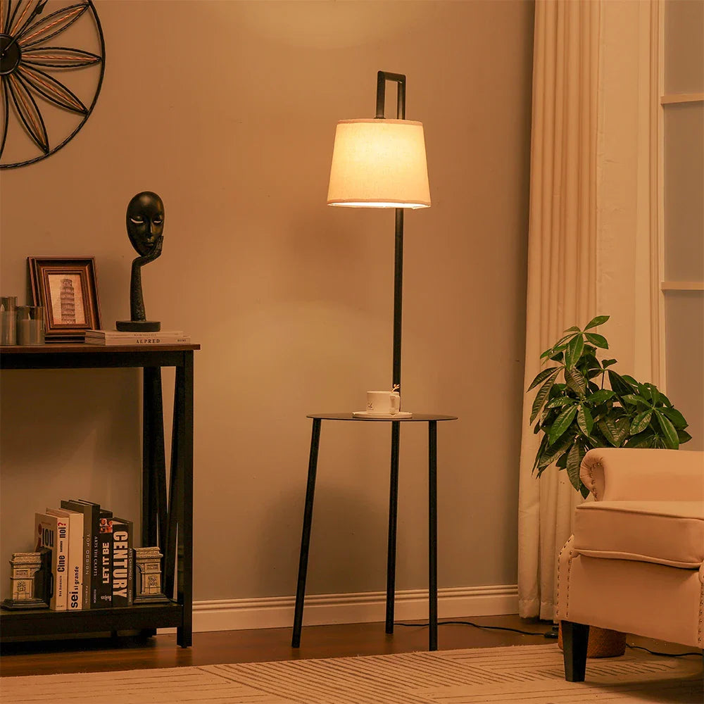 KOMORE 60 W Metal Tray Table Floor Lamp with Linen Lampshade for Living Room Office, Bedroom, Hallway, Porch