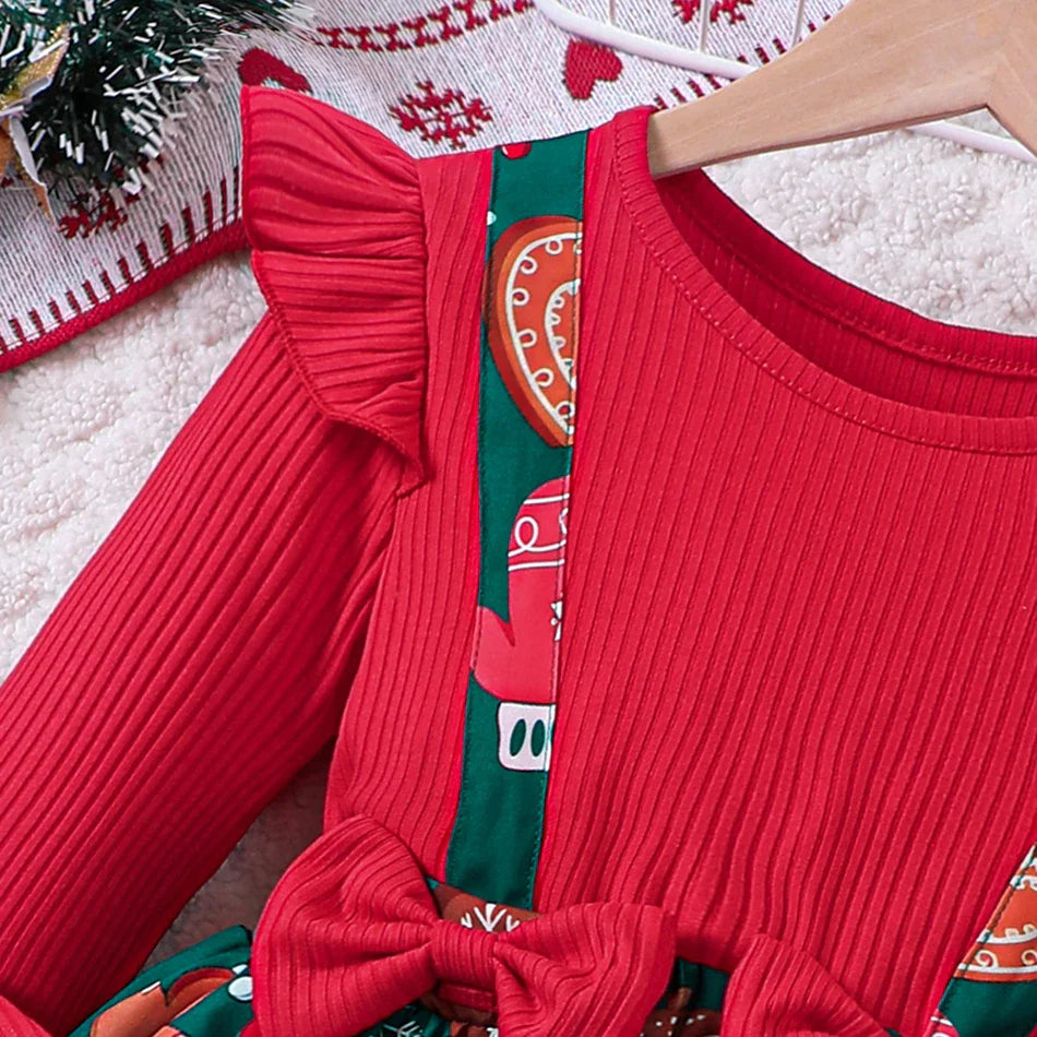 Girl's New Year Red Patchwork and Christmas Deer Print Casual Dress