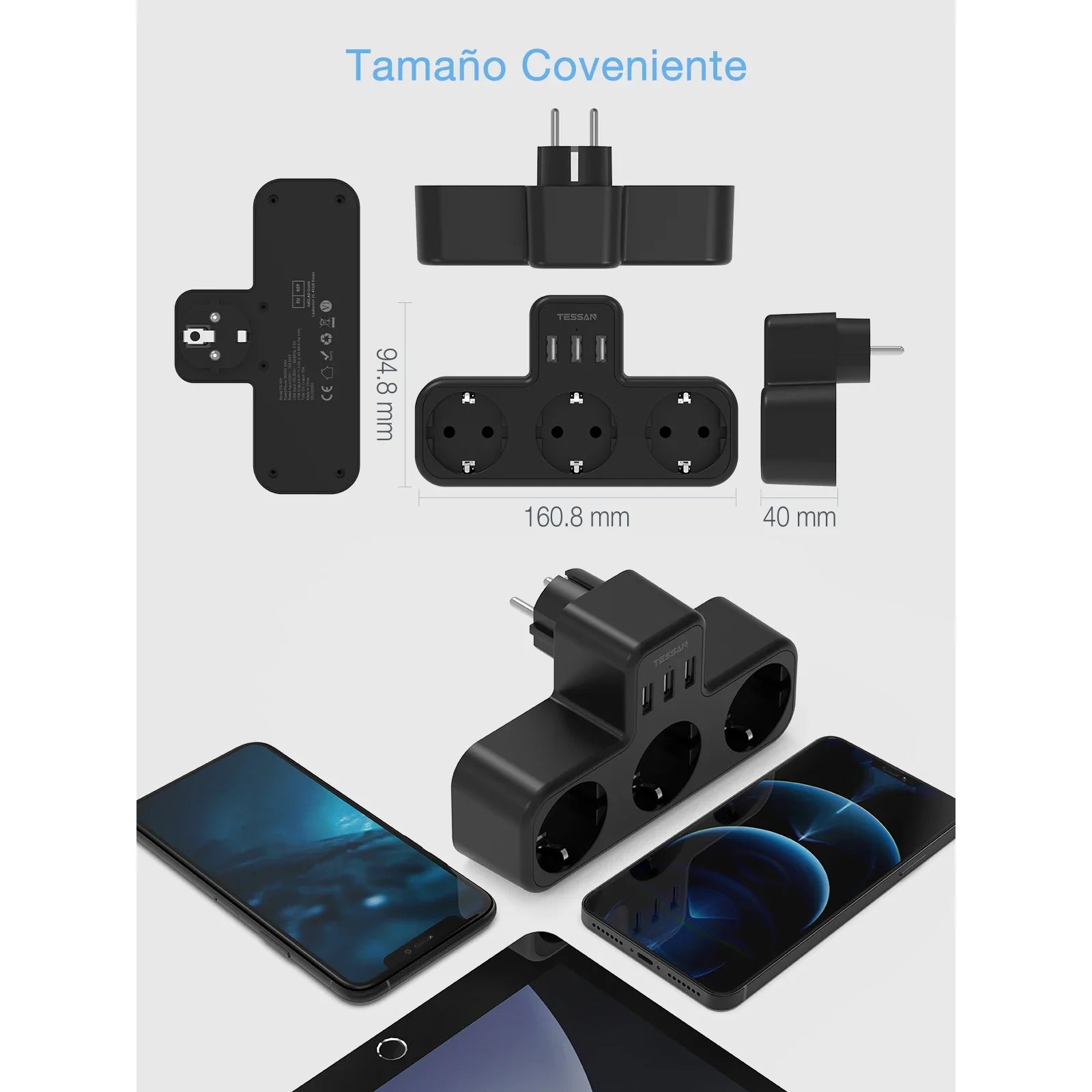 TESSAN EU Plug Power Strip with 3 AC Outlets +3 USB Ports, 6 In 1 Wall Charger Power Socket Adapter Overload Protection for Home