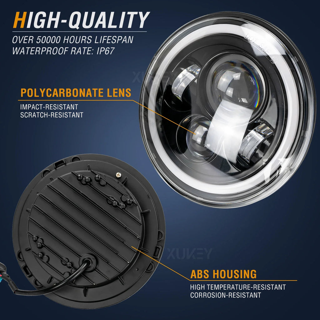 7inch Angel Eyes H4 Led Headlight For Lada Niva 4X4 Uaz Hunter Hummer H1 H2 Wrangler Daytime Running Lights DRL Amber Halo Rings