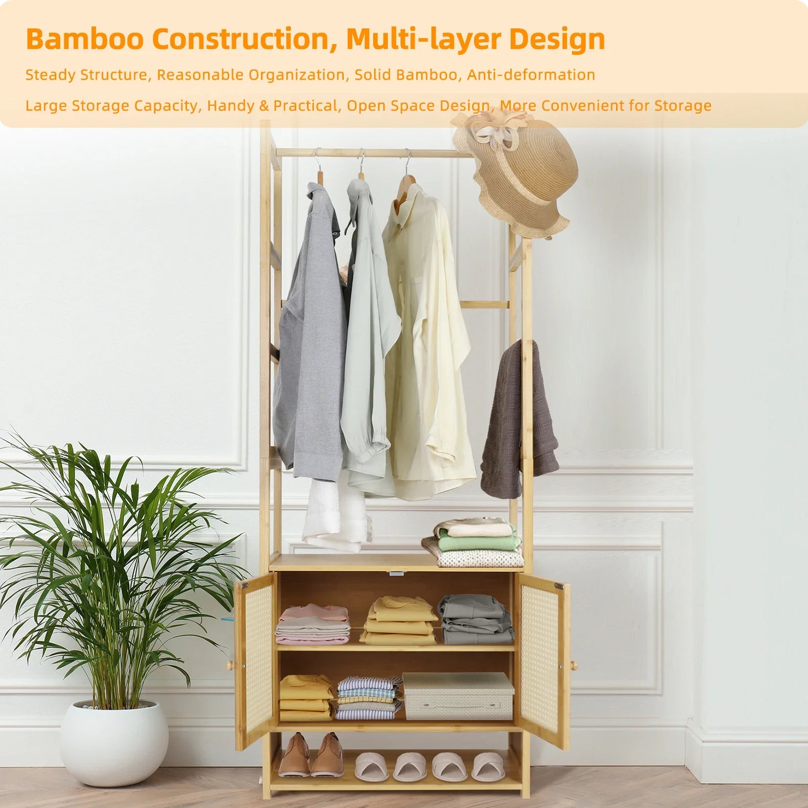 Bamboo Garment Rack, Heavy Duty Coat Stand, Wardrobe with 3 Storage Shelves, Shoe Shelf