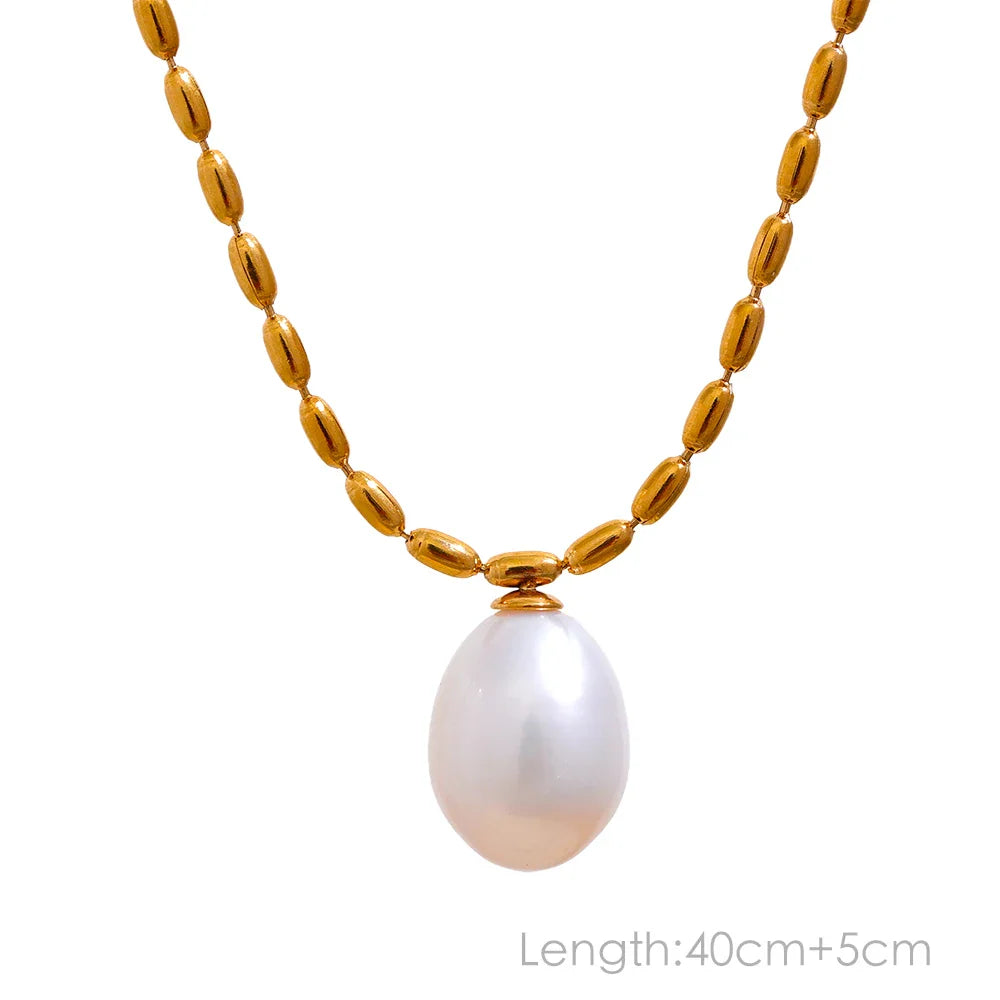 Yhpup Tarnish Free Natural Pearl Beads Chic Exquisite Necklace Thin Chain Stainless Steel Minimalist Charm Collar Jewelry Women