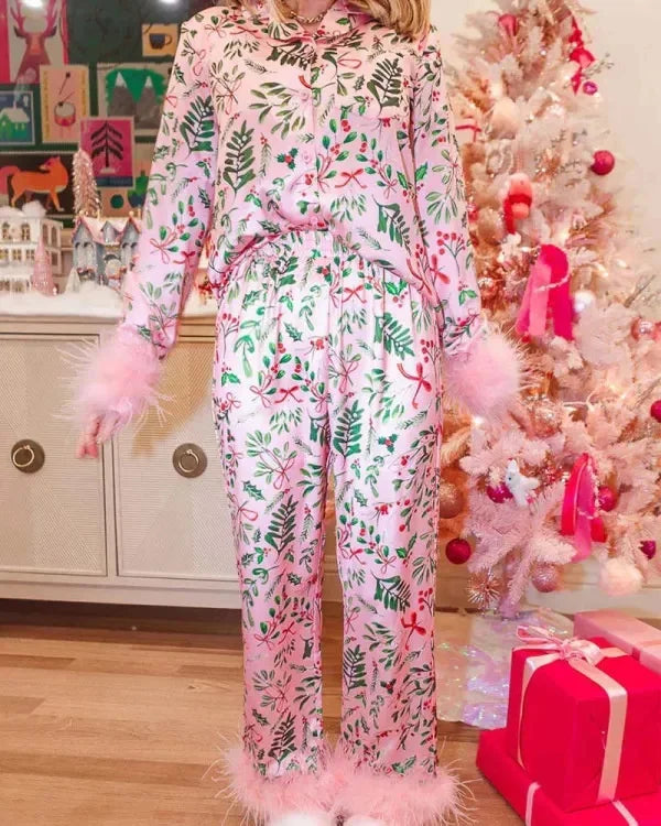 Women's Christmas Tree Plaid Satin Print Pajama Set Autumn Winter Home Sleepwear Long Sleeve Ankle-Length Pants Mid-Waist