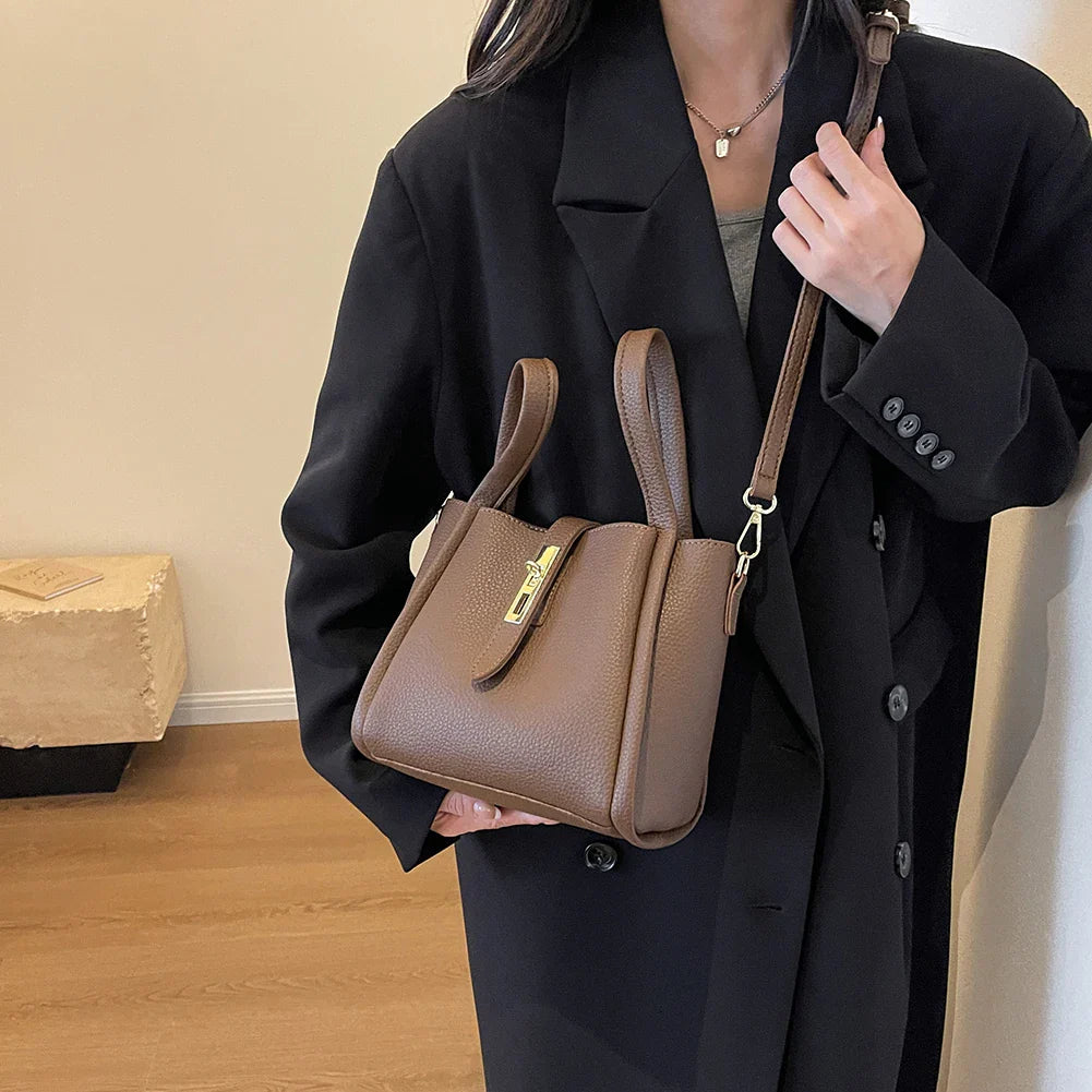 Luxury PU Leather Bucket Bag for Women Large Capacity Handbag with Inner Bag Double Handle Magnetic Closure Shoulder Bag Satchel