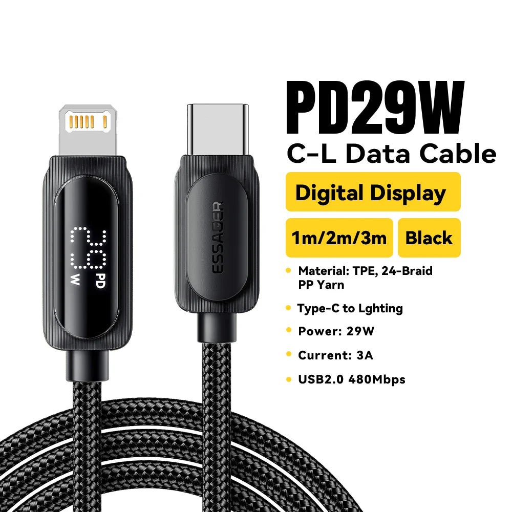 Essager USB C Cable For iPhone 14 13 12 11 Pro Max Xs Digital Display Wire PD 29W Fast Charging Type C To Lighting Data Cord