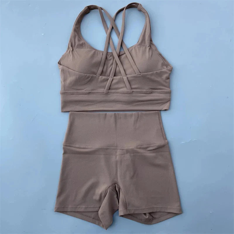 Solid Color gym bike Yoga Set short Legging +cross sport bra Tracksuit  Athletic Women Gym Suit Comprehensive Training Jogging
