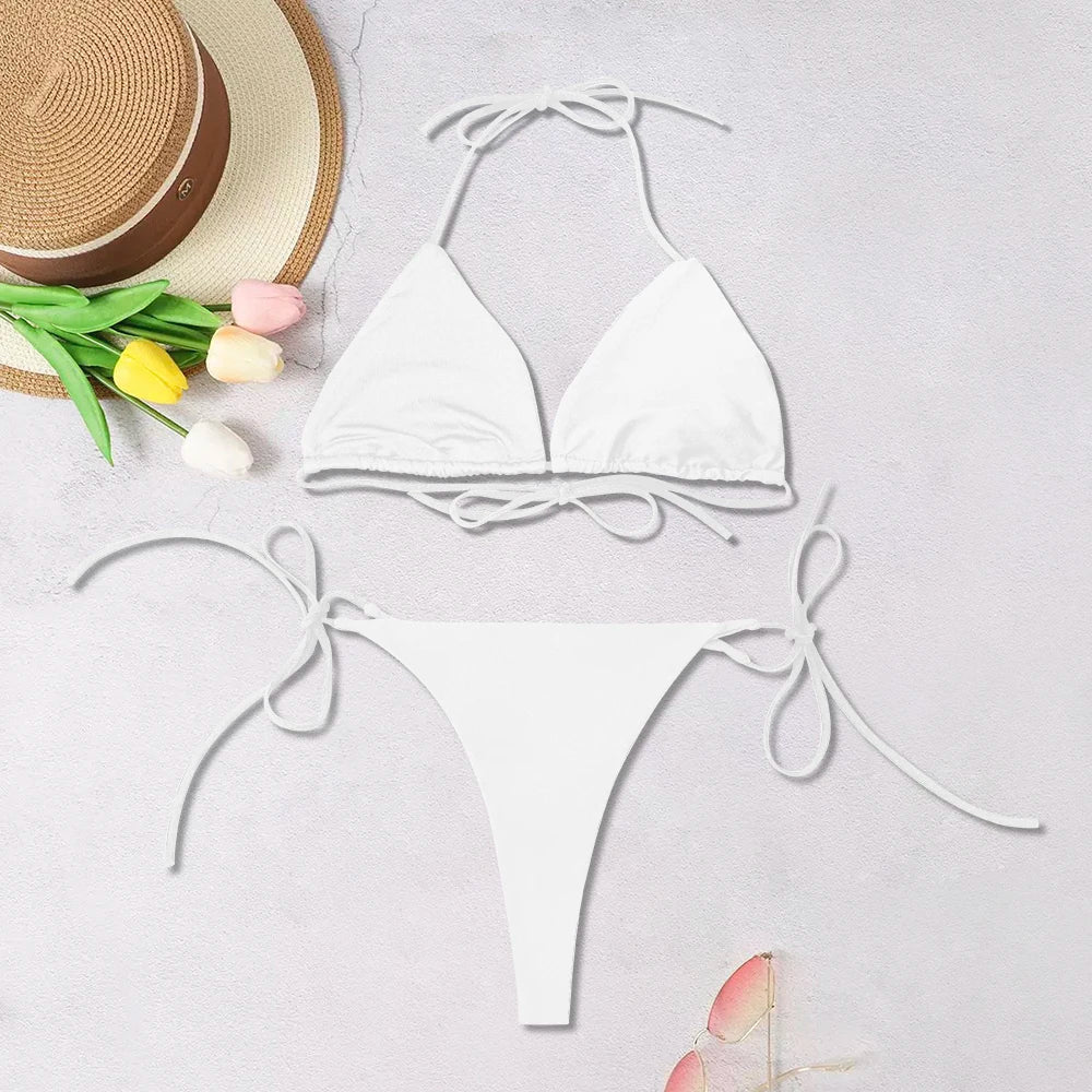2025 New Women's Solid-color Separate Beach Wear Sexy Halter Three-point Bikini Backless Adjustable Lace-up Swimsuit