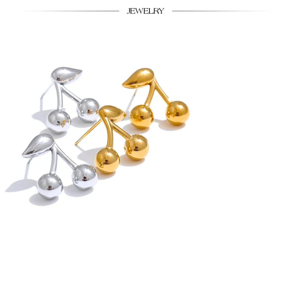 Yhpup 316L Stainless Steel Metal Chic Cherry Golden Stud Earrings Water Resistant Charm Fashion Jewelry 18K PVD Plated Wholesale