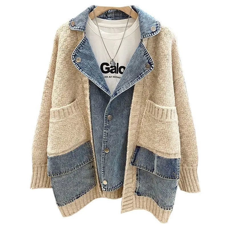 Women’s Denim Splice Knit Cardigan Jacket – Long Sleeve Oversized Patchwork Sweater Coat (Grey or Beige)