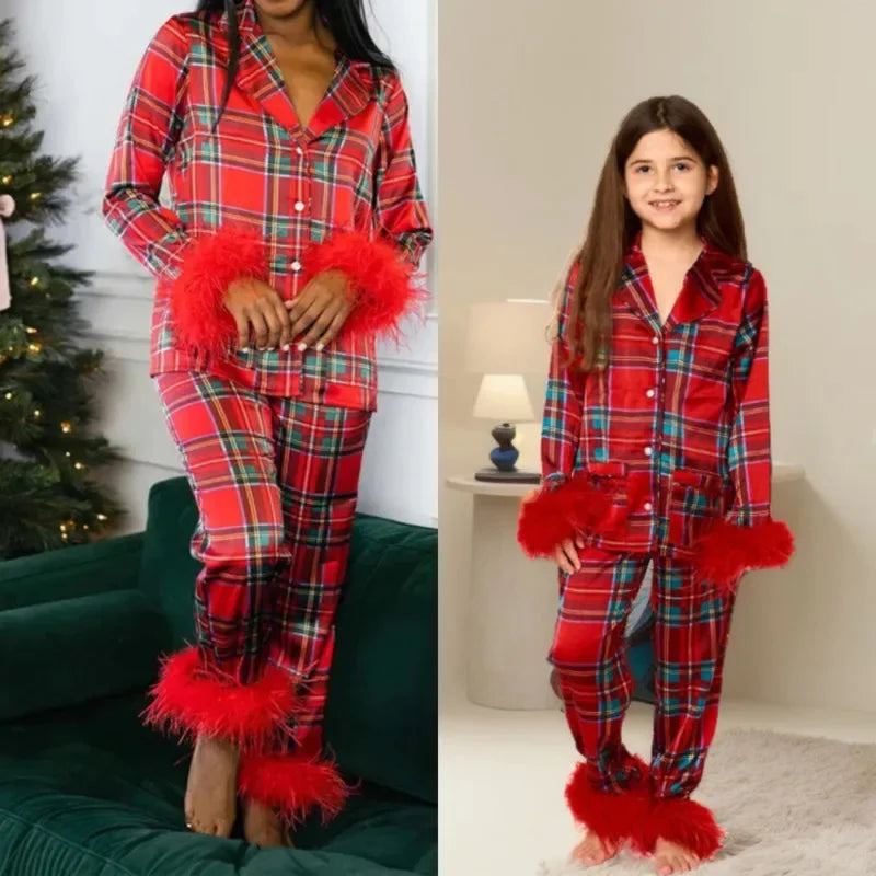 Women's Christmas Tree Plaid Satin Print Pajama Set