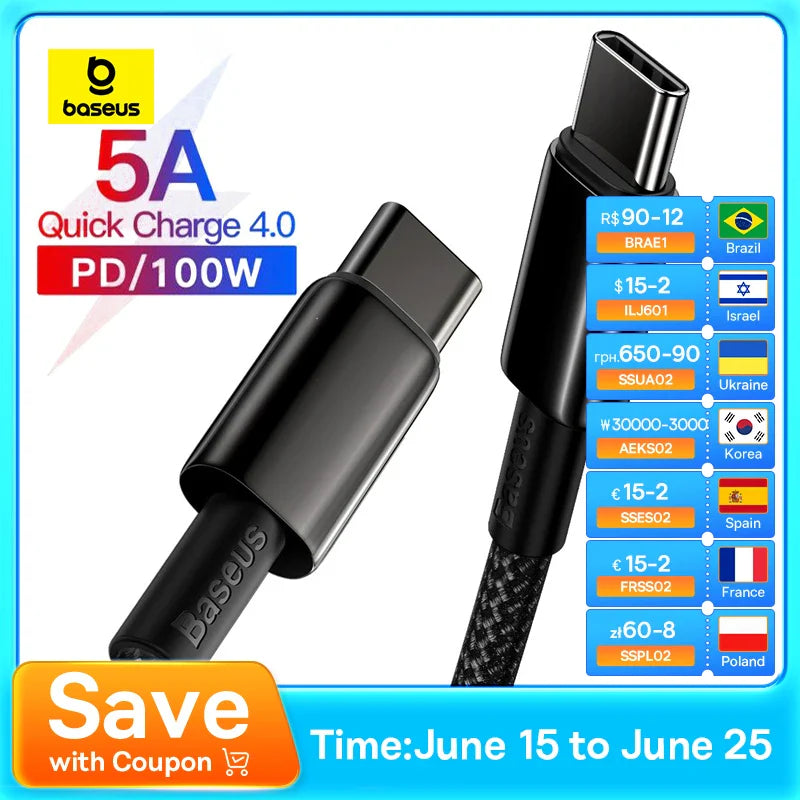 Baseus 100W Type C Cable For iPhone 15 USB C PD Fast Charging Charger Wire Cord For Macbook Samsung Xiaomi Type C USB C Cable