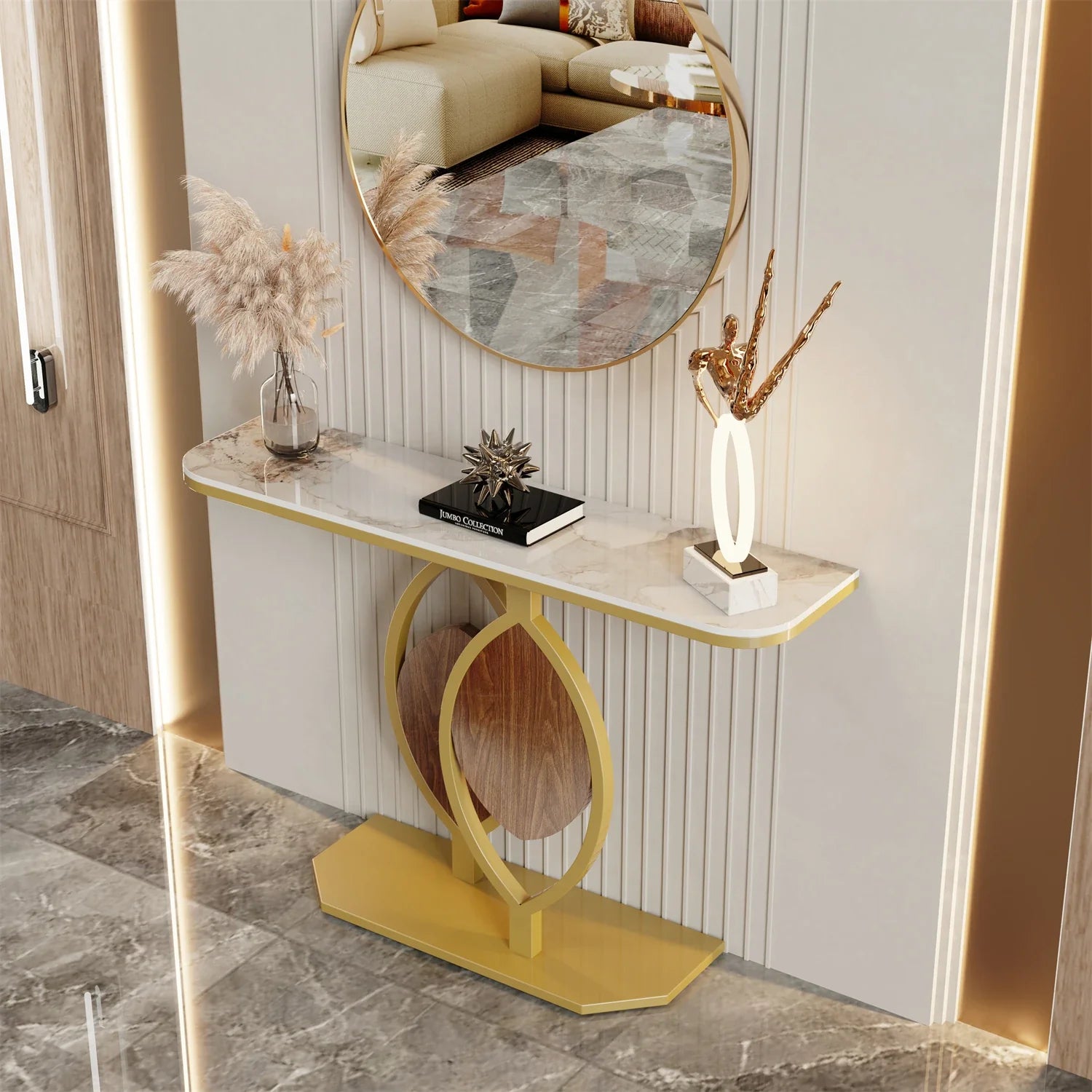 Exclusive Design Gold Leaf Console Table Entryway Accent Table Office Coffee Bar Metal Frame