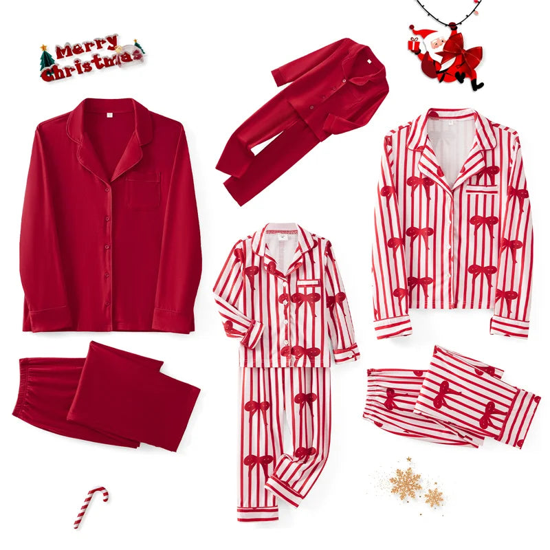 Family 2 Piece Satin Christmas Pyjamas Set Santa Print Long Sleeve Button down Sleepwear Matching Holiday Jumpsuit