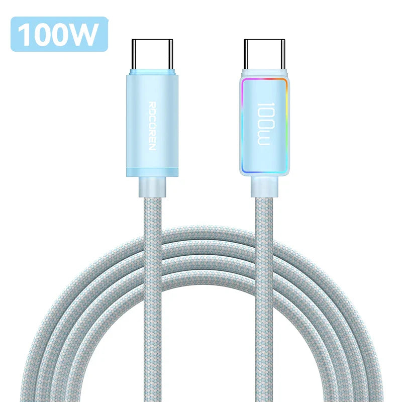 Rocoren 100W USB C to Type C Fast Charging Charger Cable 5A USB-C Cord PD 3.1 High Power Quick Charging For MacBook iPad iPhone