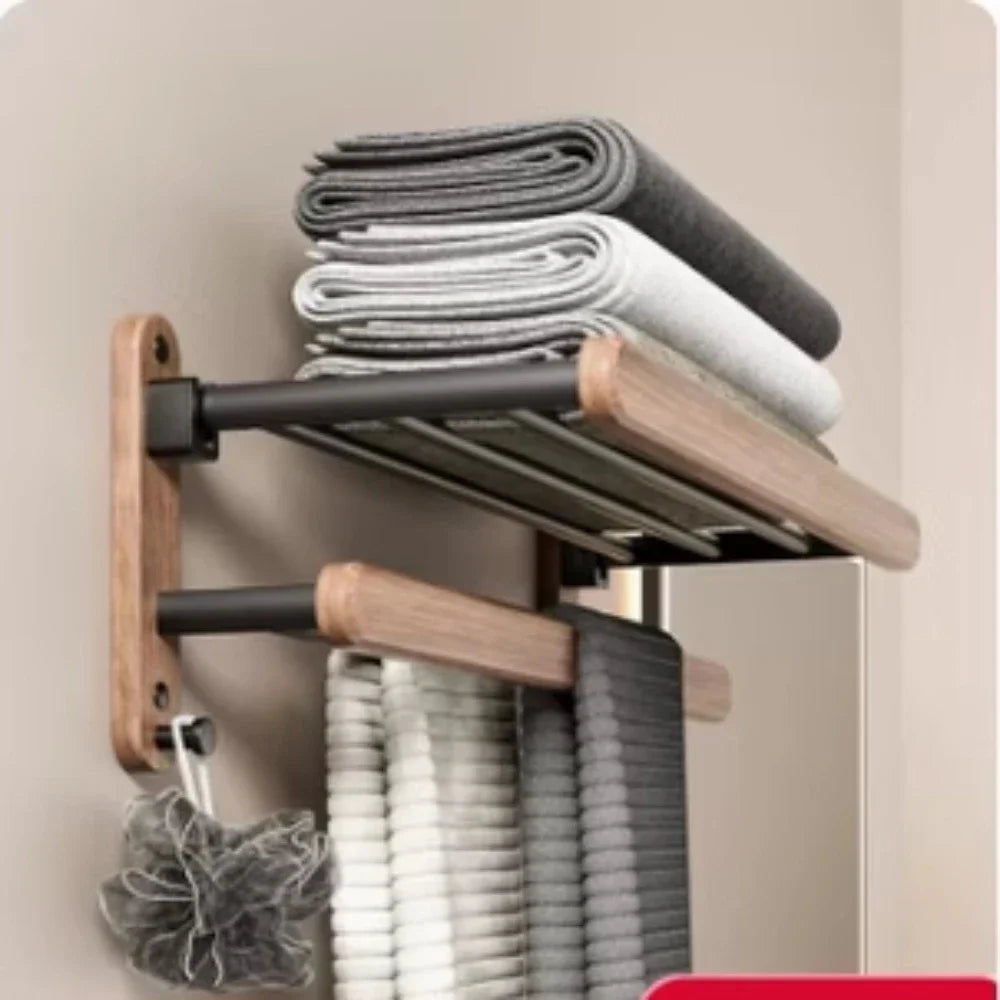 Modern Wooden Bathroom Wall Storage Rack – Shelves, Towel Bar & Hooks Set