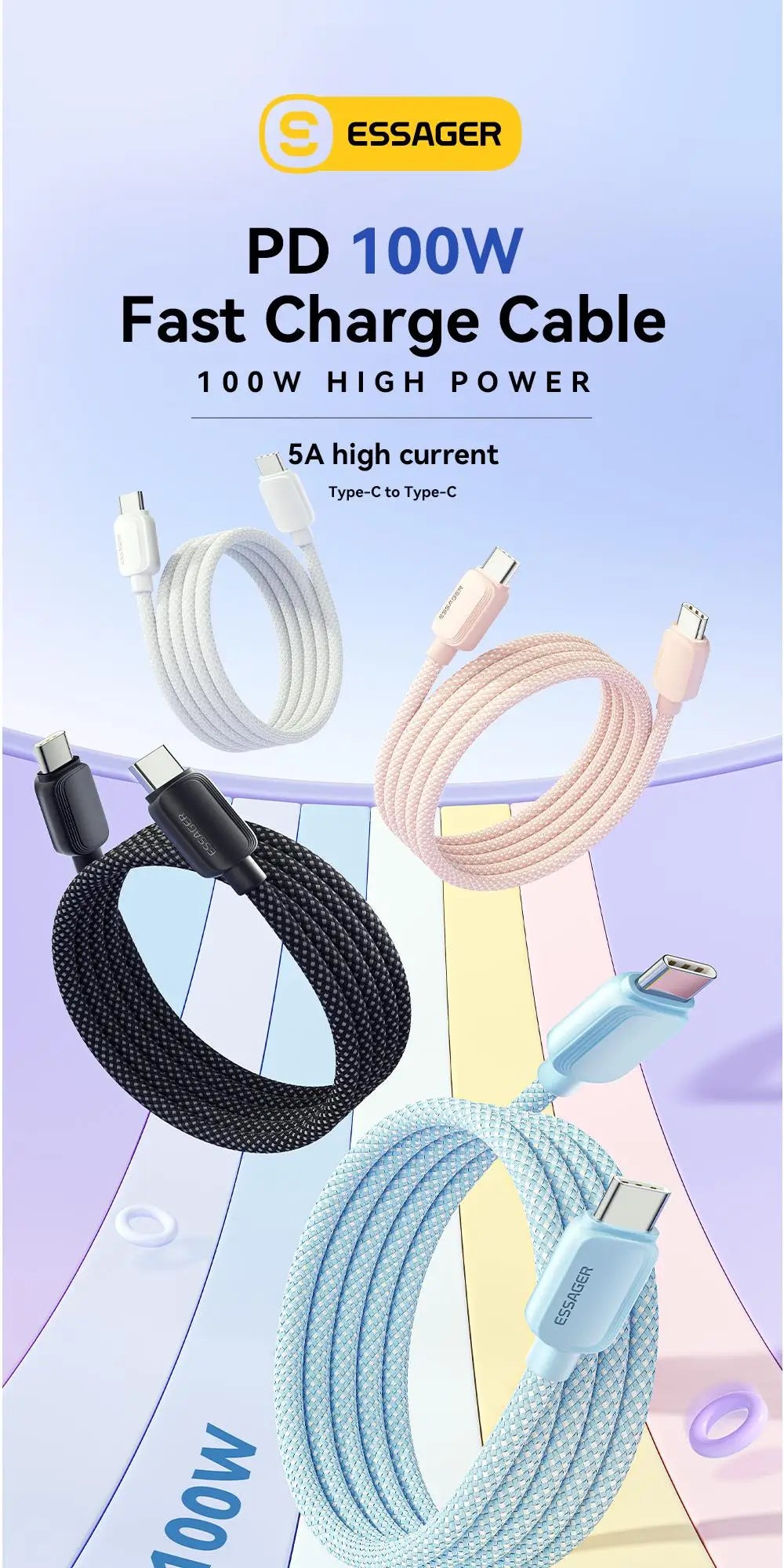Essager 100W USB Type C To USB C Cable 5A PD Fast Charging Cable Type C Wire For Xiaomi Samsung Huawei Oppo Oneplus Macbook iPad