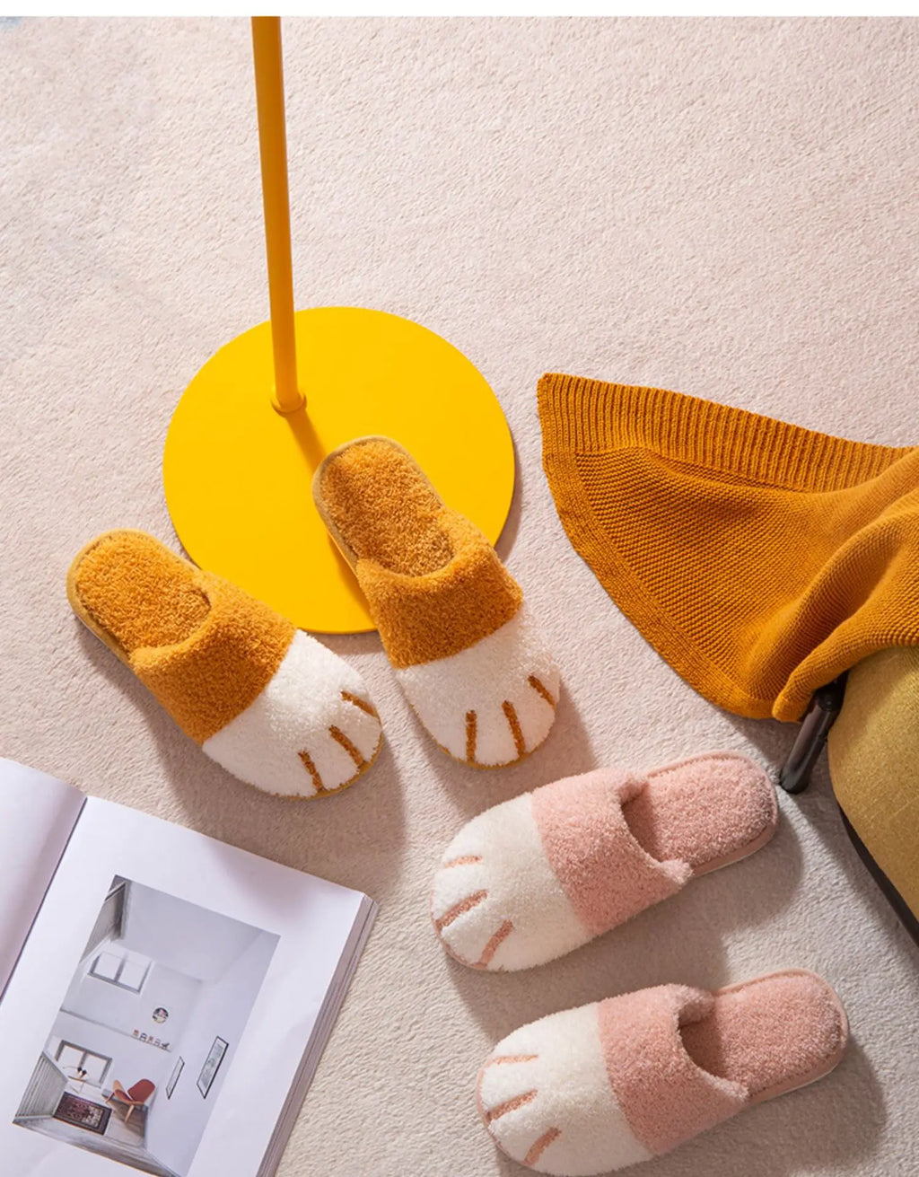 Comwarm Winter Warm Plush Slippers Cute Cat Paw Designer House Women Fur Slippers Floor Mute Bedroom Lovers Indoor Fluffy Shoes