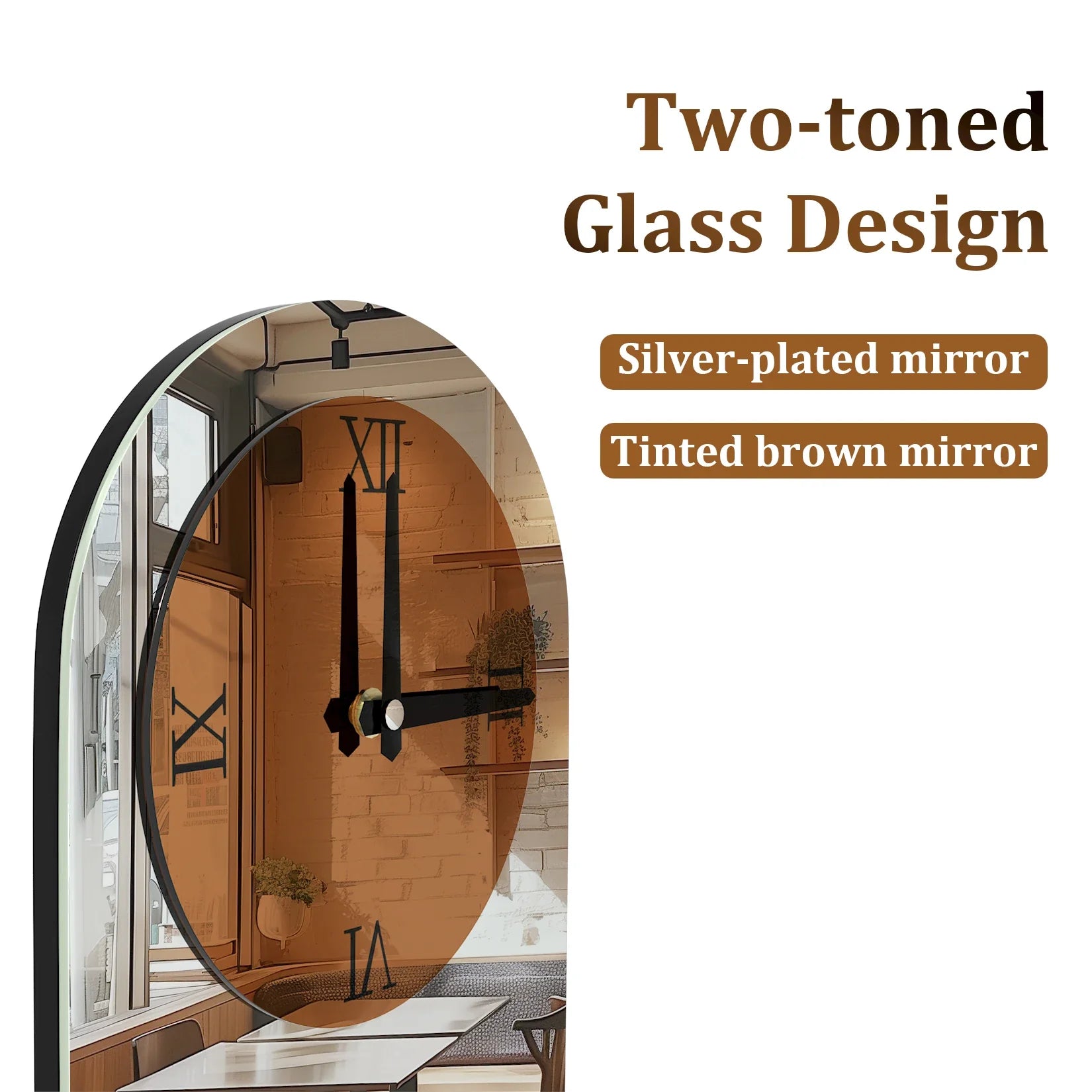 Long Oblong Brown Tinted Wall Clock with Silver Mirrored Modern Decorative Clock Roman Numerals for Living Room