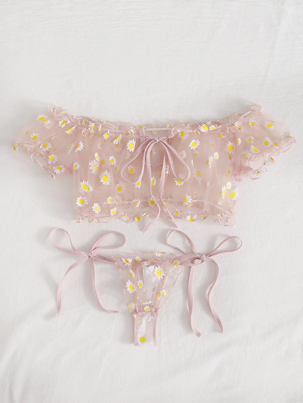 Sexy Fancy Lingerie Set 2 Pieces Transparent Halter Off Shoulder Women's Underwear Beautiful Daisy Print Bra And Panty Sets