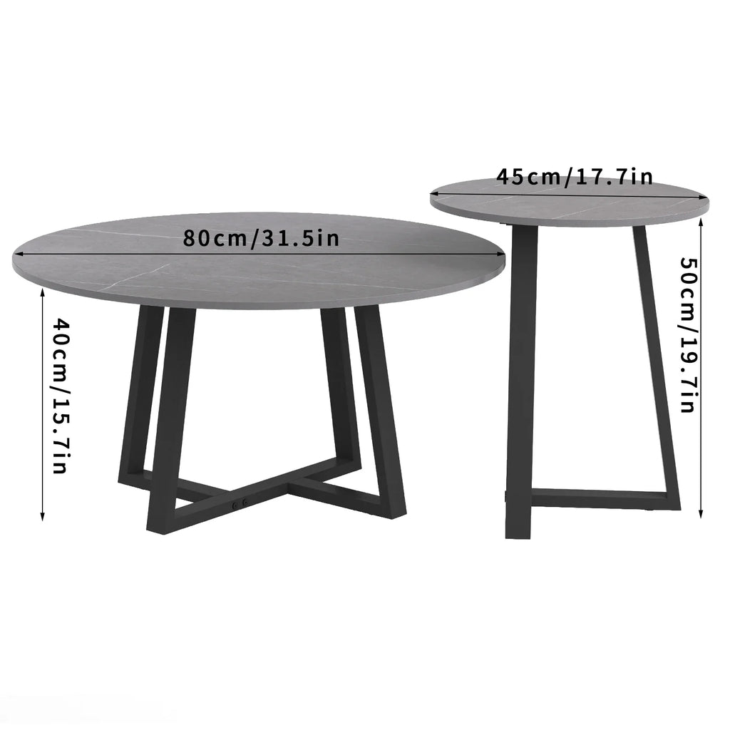Modern Nesting Coffee Table, Round Accent Cafe Table, Side End Table, Grey Sintered Stone, Metal Frame, Set of 2