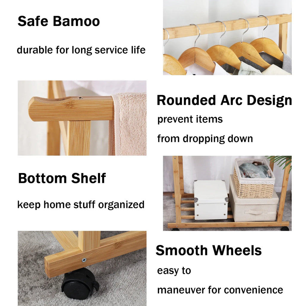 Double Layer Garment Hanging Display Stand Rack, Clothes Rail with Rolling Wheel, Heavy Duty, Wardrobe