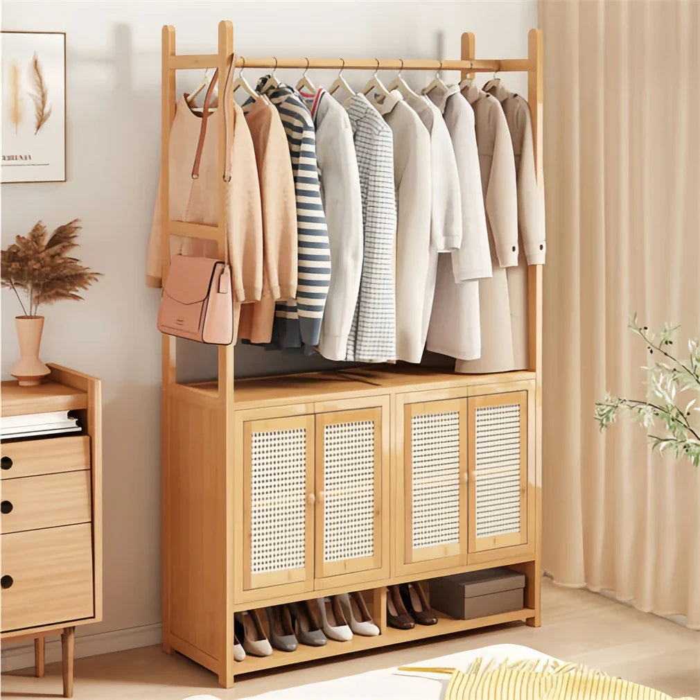 Bamboo Garment Rack, Heavy Duty Coat Stand, Wardrobe with 3 Storage Shelves, Shoe Shelf
