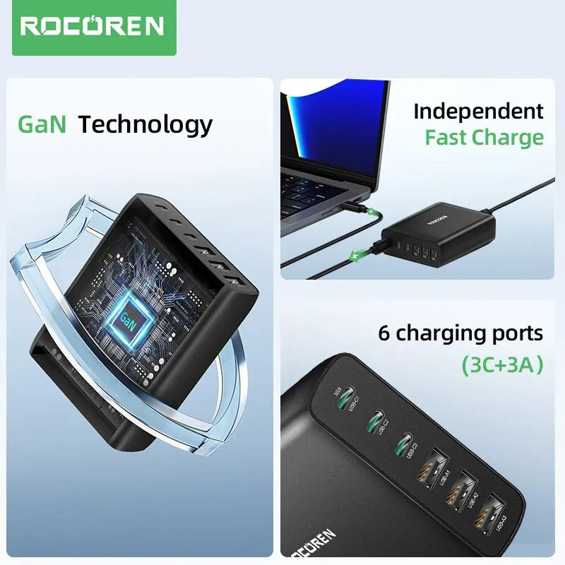 Rocoren 100W USB Charger Type C 6 Ports Desktop Charger Station