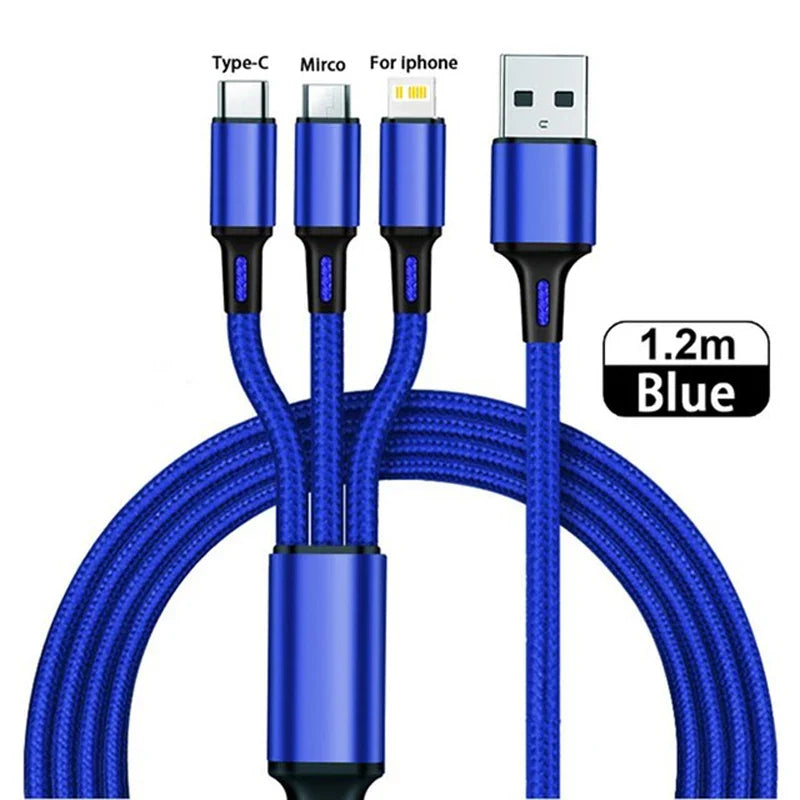 3 In 1 USB Charger Fast Charging Cable Type C Micro IOS Multi Charger Cable for iPhone Huawei Samsung Nylon Braided Cord
