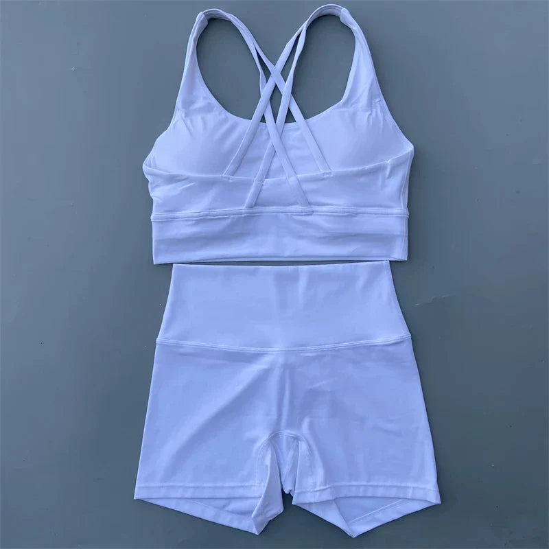 Solid Color gym bike Yoga Set short Legging +cross sport bra Tracksuit  Athletic Women Gym Suit Comprehensive Training Jogging