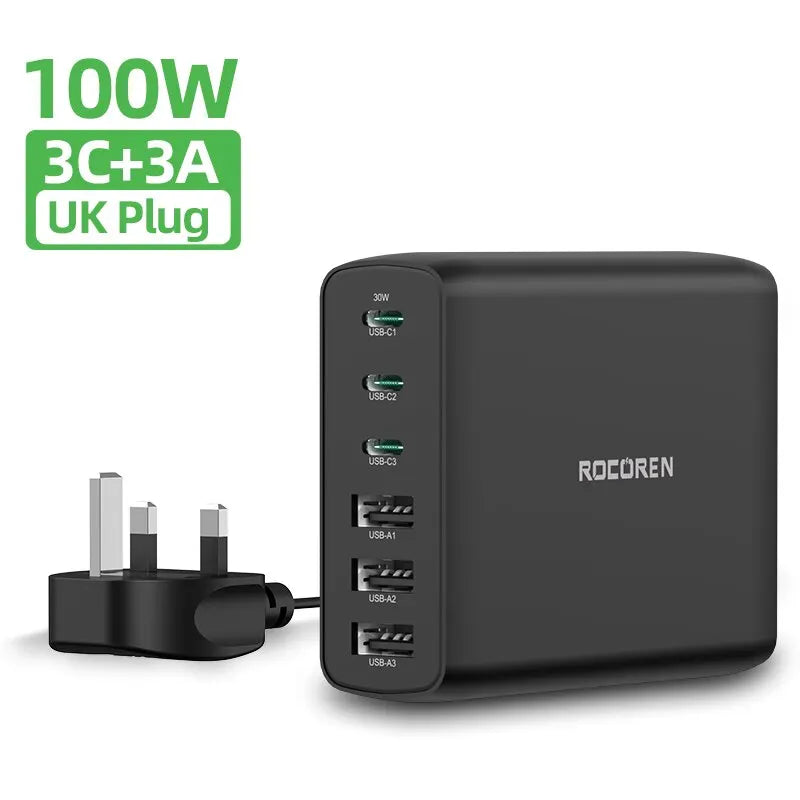 Rocoren 100W USB Charger Type C 6 Ports Desktop Charger Station