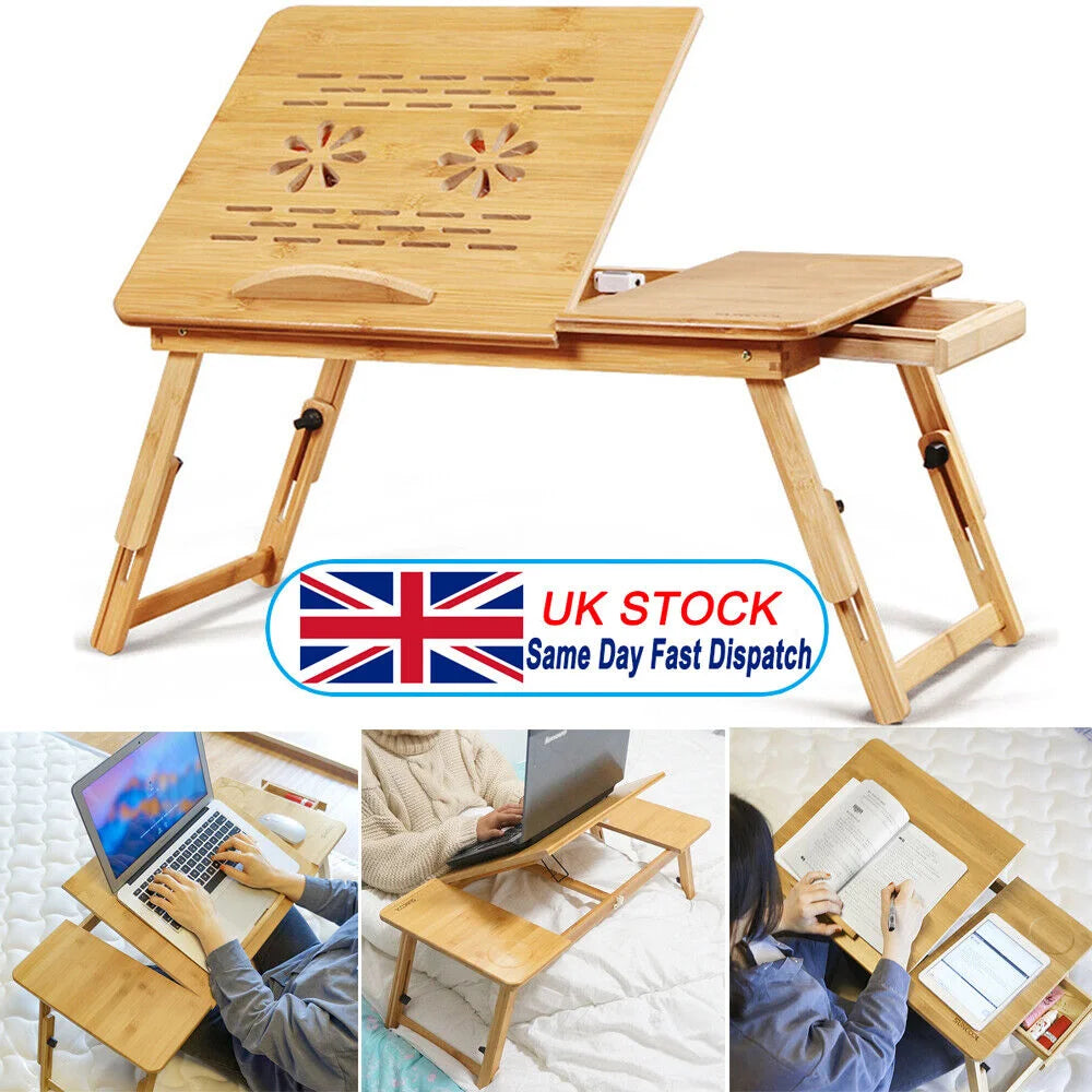 Bamboo Laptop Desk Stand Large Folding Bed Table Adjustable Portable Office Desk