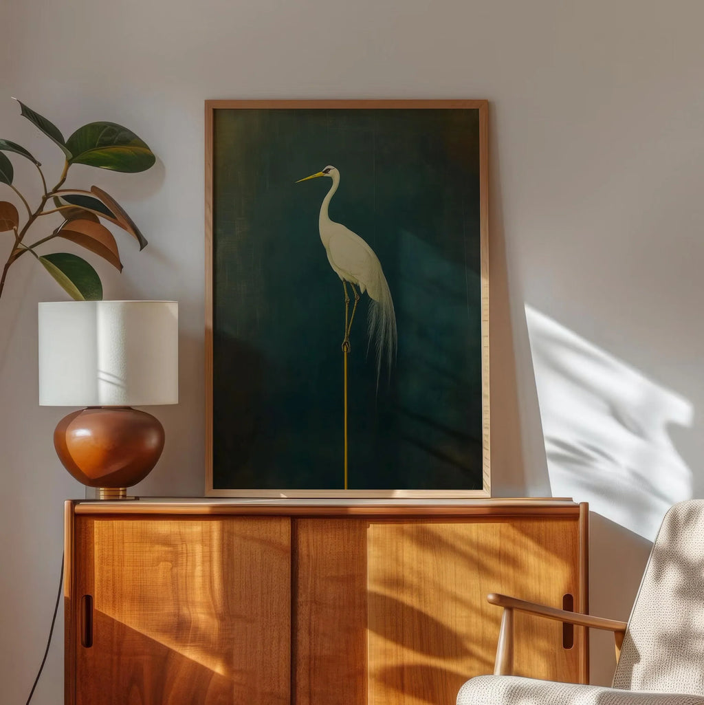 Japanese Crane Canvas Print – Elegant Green & White Bird Wall Art (Unframed)