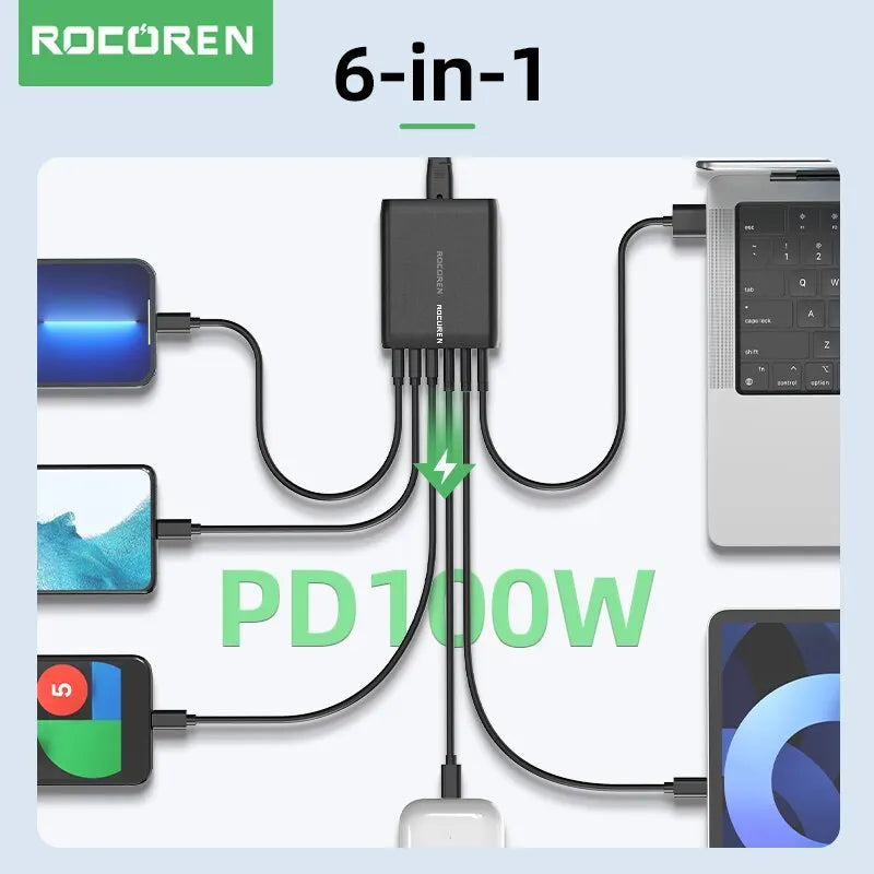 Rocoren 100W USB Charger Type C 6 Ports Desktop Charger Station